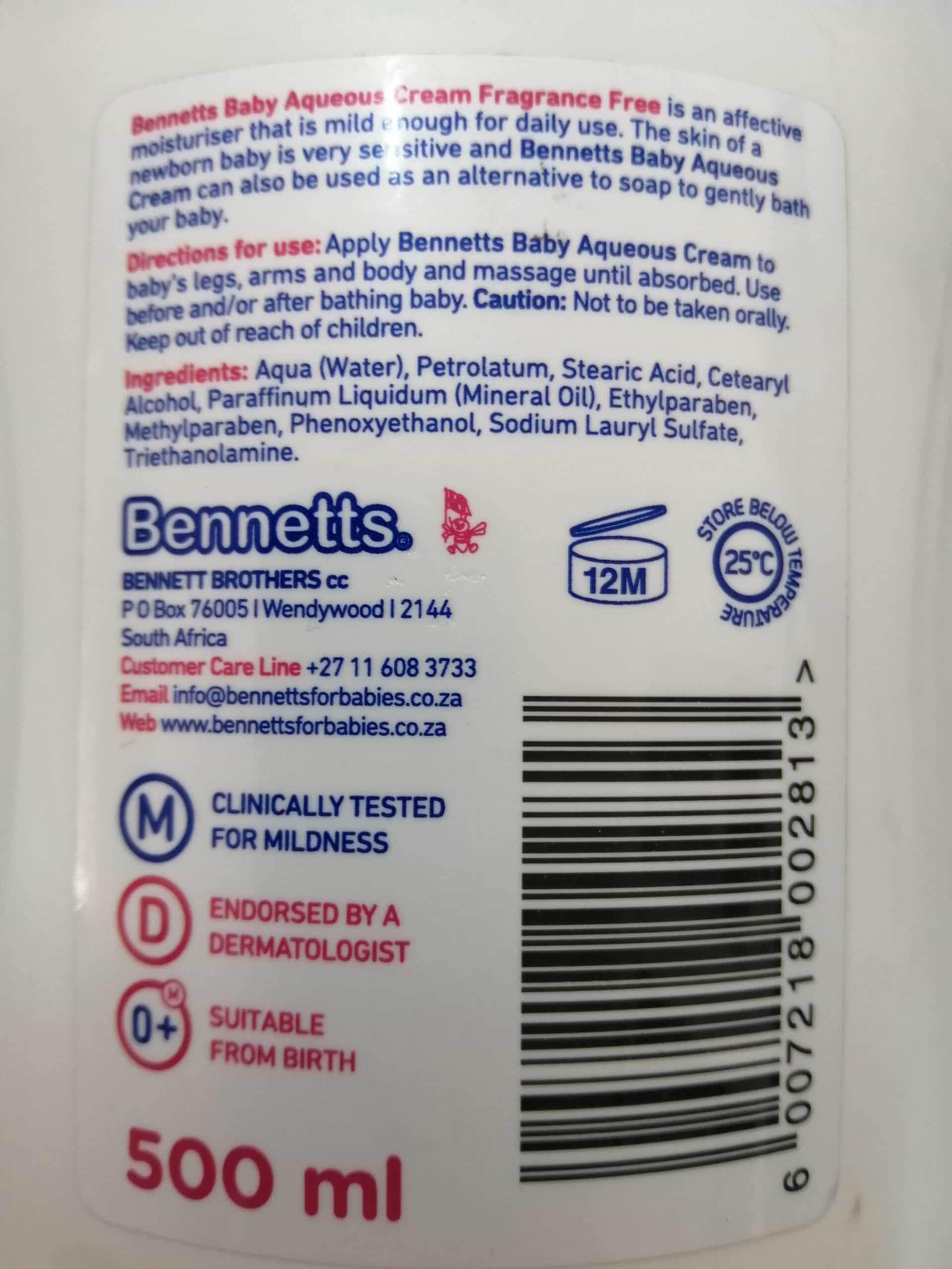 BENNETTS Fragrance-Free Baby Aqueous Cream Pump 500ml - Image 2